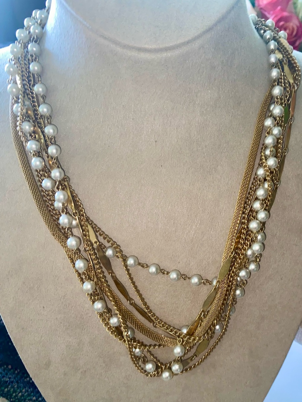 Vintage Multi-Strand Gold Tone
Chain and Faux Pearl Necklace